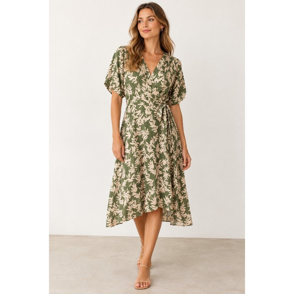 Ba & sh Tabby Wrap Dress Womens Large Green Leaf Floral Print Midi Puff Sleeve